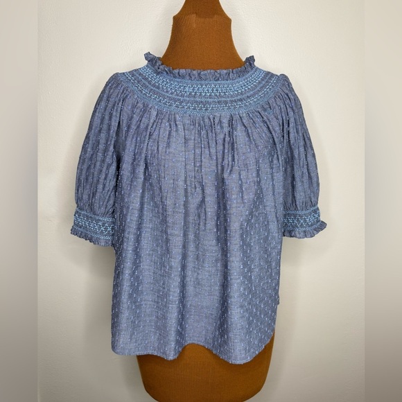LOFT Tops - LOFT Smocked Chambray Top Swiss Dot Texture Details Size Medium